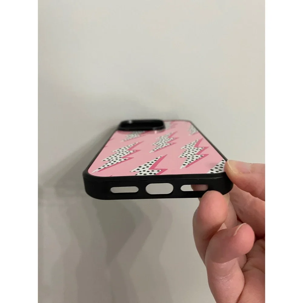 Lightning Bolt iPhone 14 Pro Case Unisex One Size Pink Polka Dot Preppy Bumper